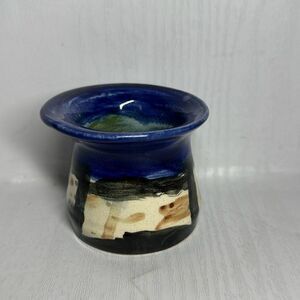 Handmade Signed Pottery Vase Small Pot Drip Glaze Blue Beige Black‎ 2.5” Height